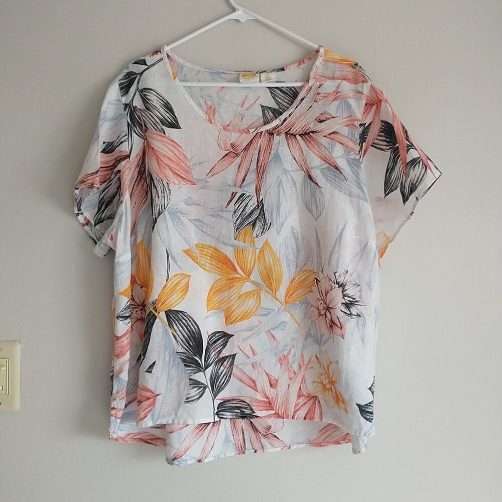 C&C California Top Blouse Tunic Womens 2X 100%Linen Floral Short Sleeve Tropical